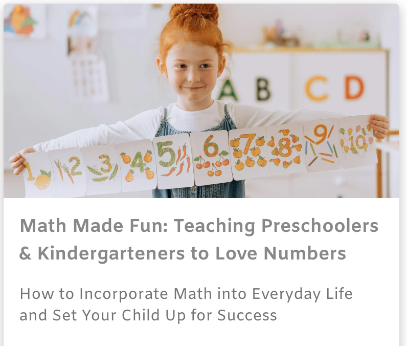 Young child holding a number chart in a classroom, with text about teaching preschoolers and kindergarteners math