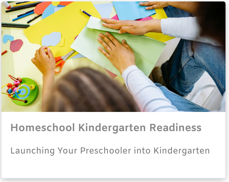 Homeschool kindergarten readiness banner with children doing colorful paper crafts at a table