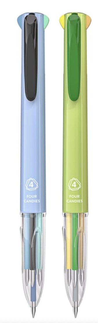 Two retractable ballpoint pens, one blue and one green, with clear barrels and silver tips.
