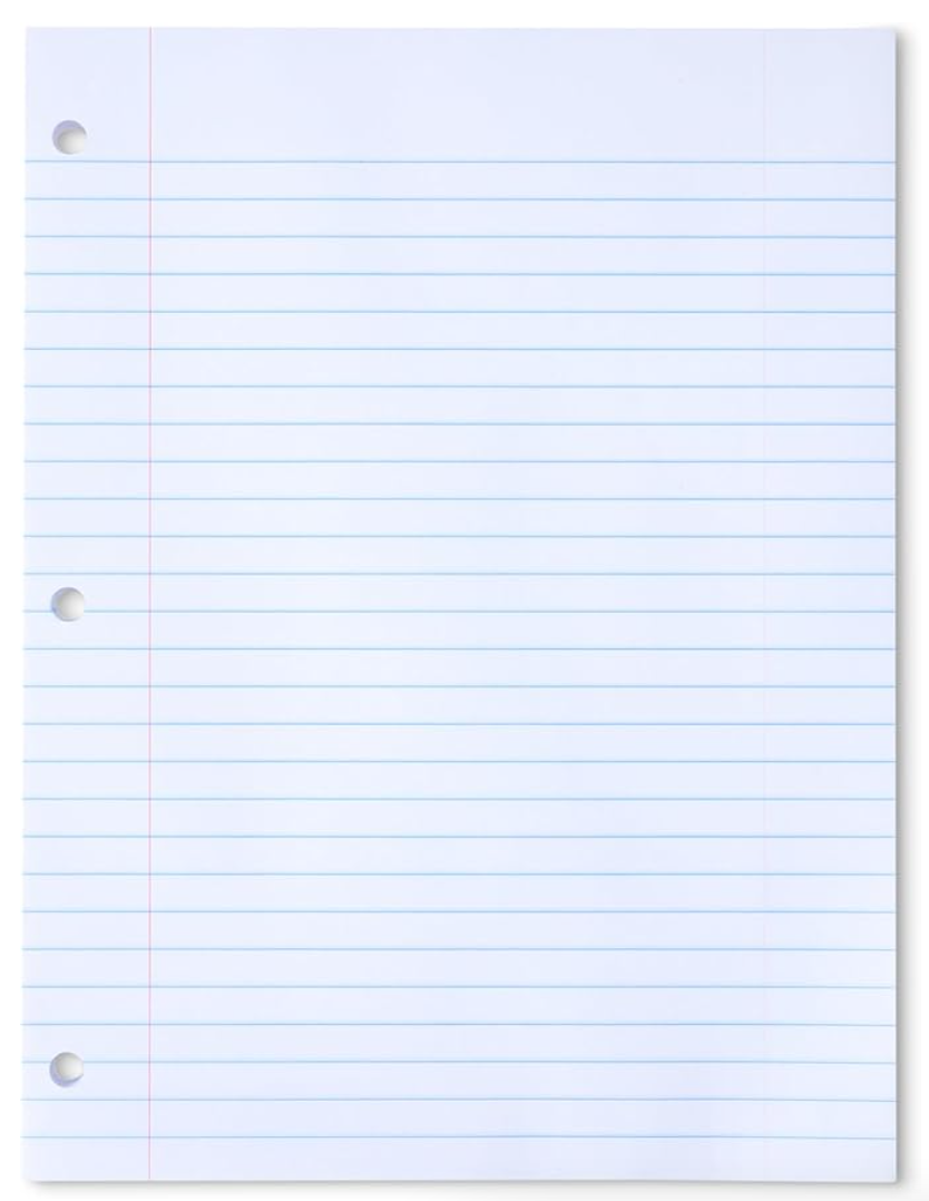 Blank lined notebook paper with three punched holes on the left