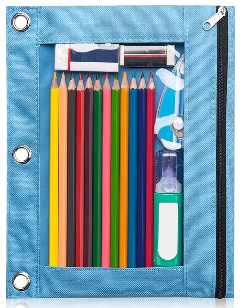 Blue zip pencil case with colored pencils, eraser, and sharpener inside