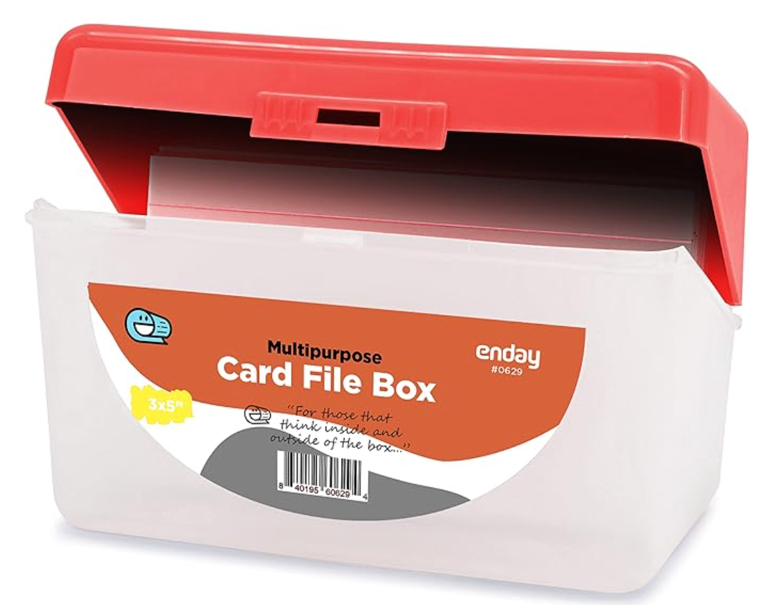 White and red card file box with hinged lid, labeled for file storage