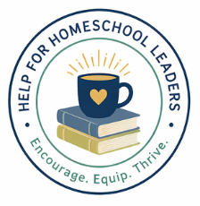 Circular logo for Homeschool Leaders with coffee cup, books, and “Encourage. Equip. Thrive.”