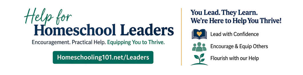 Help for homeschool leaders banner with teal and white text, website URL, and small contact icons.