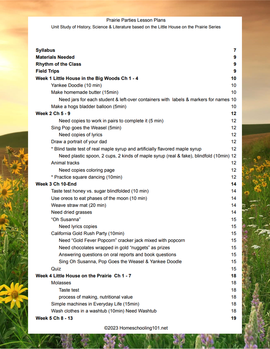 Table of contents page over a floral field background, with a white page listing sections and page numbers.