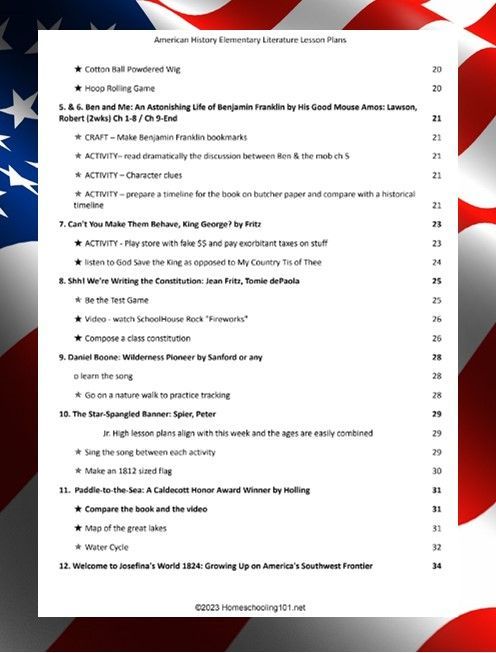 Table of contents page on a white sheet over a red, white, and blue American flag background.