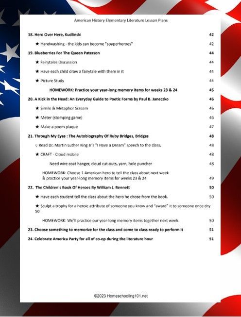 Table of contents page with a red, white, and blue star background and multiple numbered sections.