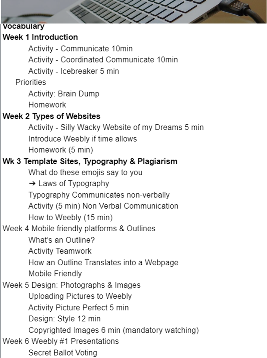 Weekly class schedule text on a white page, with topics like introductions, communication, etiquette, and assignments.