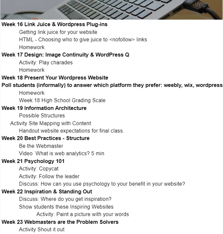 Weekly course schedule on a white webpage, listing weeks 16–23 with titles and activities in black text.
