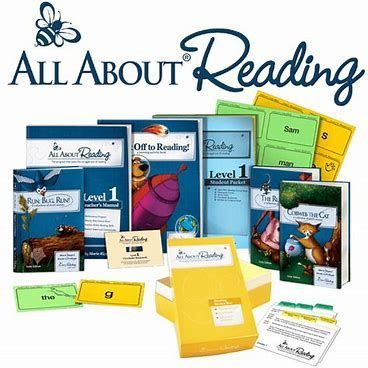 All About Reading curriculum set with colorful books, flashcards, and teaching materials on a white background