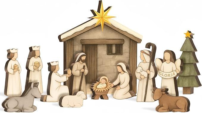 Nativity scene with baby Jesus, Mary, Joseph, shepherds, animals, and a glowing star in a stable