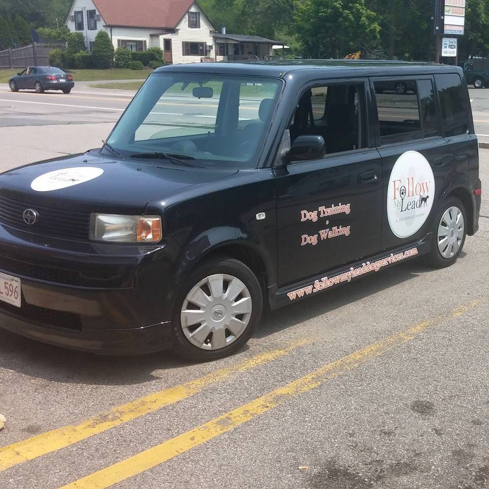 Black service van with Dog Walking Dog Wash branding parked on a street near houses.