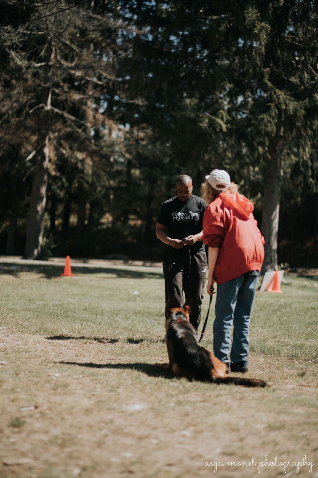Trainer and woman with dog outdoors in a park, practicing obedience near orange cones.