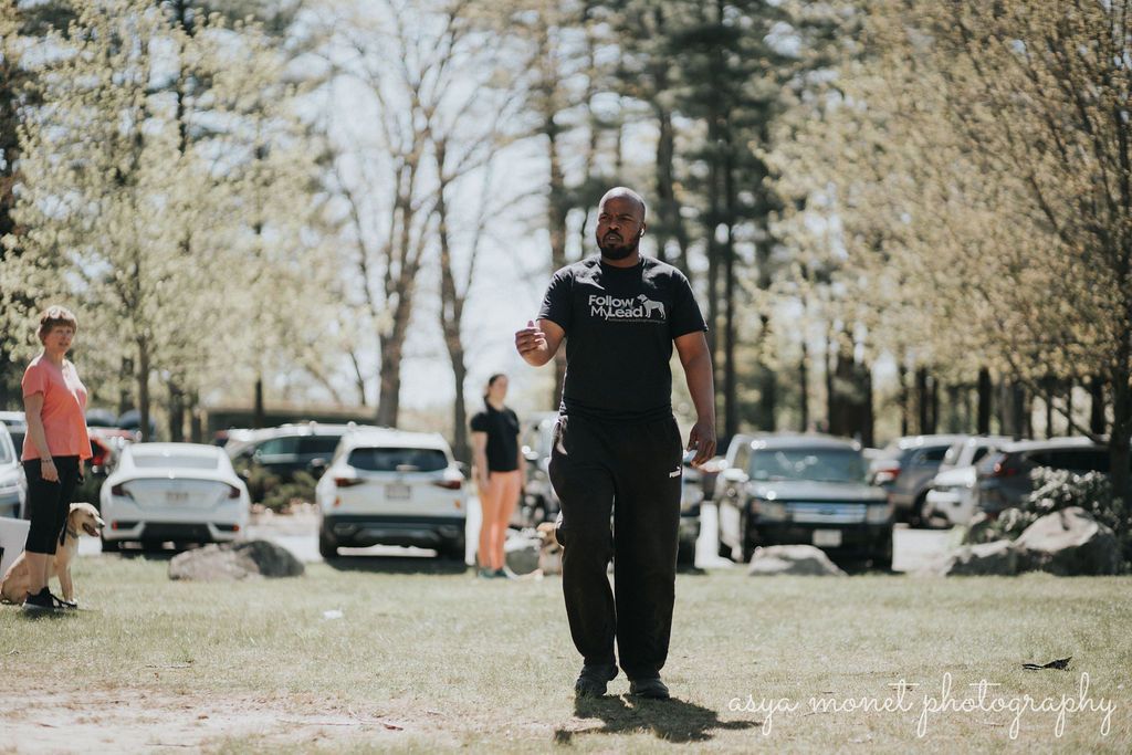 Person walking on a grassy field with parked cars and trees in the background
