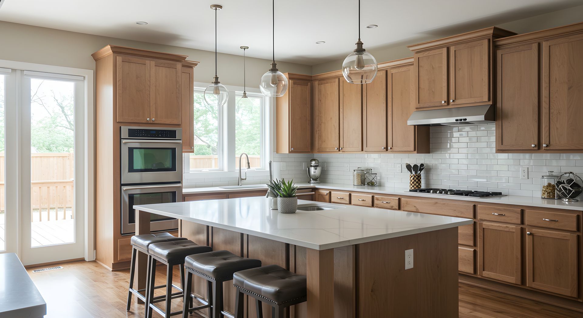 Bright kitchen with wood cabinets, large island, bar stools, and pendant lights by a window and glass door Bright kitchen with wood cabinets, large island, bar stools, and pendant lights by a window and glass door