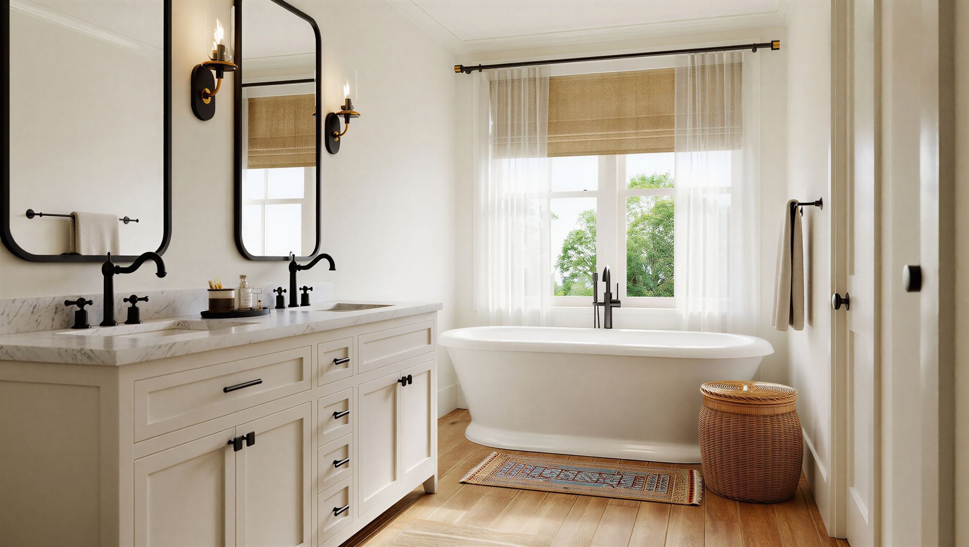 Bright bathroom with double vanity, freestanding tub, and window with sheer curtains Bright bathroom with double vanity, freestanding tub, and window with sheer curtains