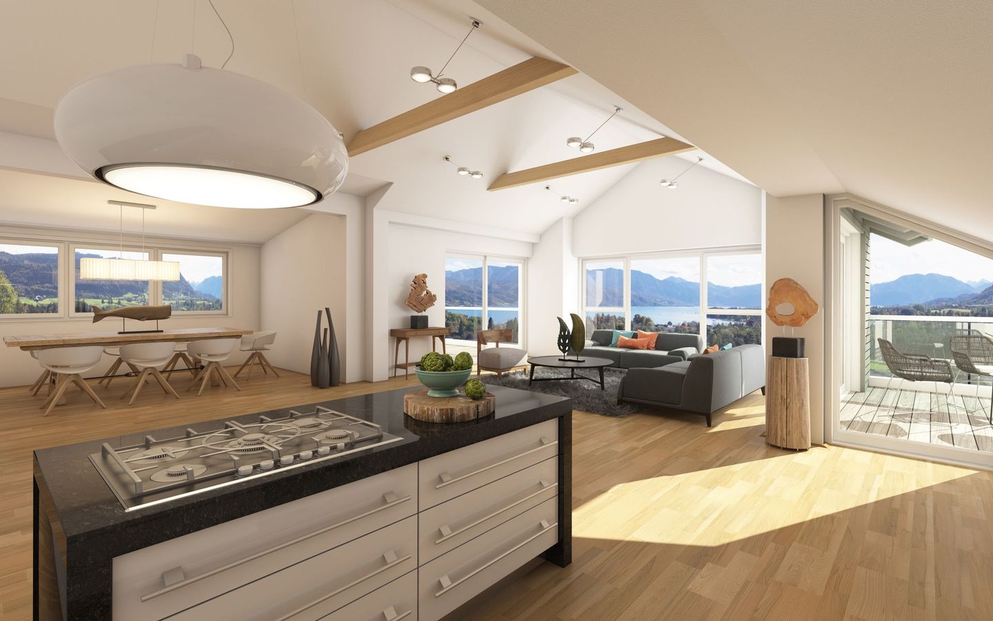 Bright open-concept living room and kitchen with large windows, wood beams, and mountain views