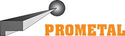 Logo PROMETAL con una sfera metallica grigia e testo arancione su sfondo bianco