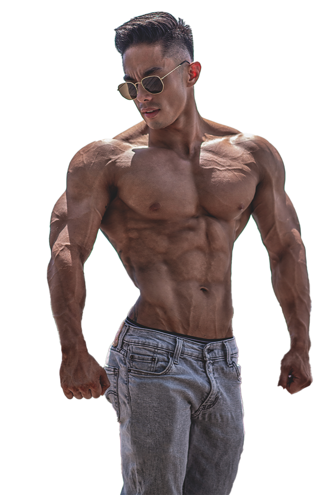 Andee Teo wearing sunglasses and jeans is standing on a white background.