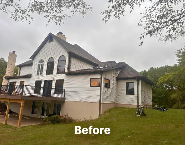 White two-story house with deck and stone chimney on a grassy lot, labeled “Before”