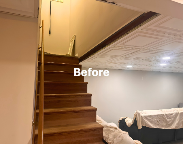 Staircase leading to an upstairs loft in a warm-lit living room, marked “Before”