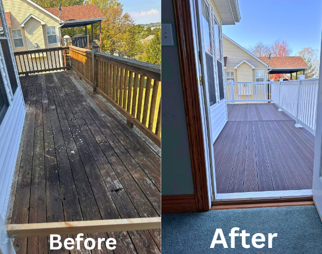 Before-and-after of a wooden deck: worn, dark boards transformed into a clean gray surface.