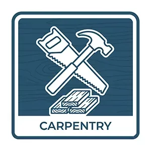 Carpentry icon with crossed saw and hammer above wood, blue background and label “CARPENTRY”