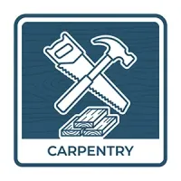 Carpentry icon with crossed saw and hammer above wood, blue background and label “CARPENTRY”