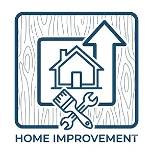 Home improvement icon with house, tools, and upward arrow in blue outline on wood background