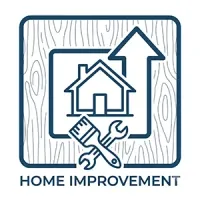 Home improvement icon with house, tools, and upward arrow in blue outline on wood background