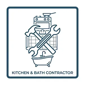 Logo for kitchen and bath contractor with crossed wrench and hammer over a sink and stove icon