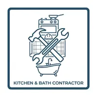 Logo for kitchen and bath contractor with crossed wrench and hammer over a sink and stove icon