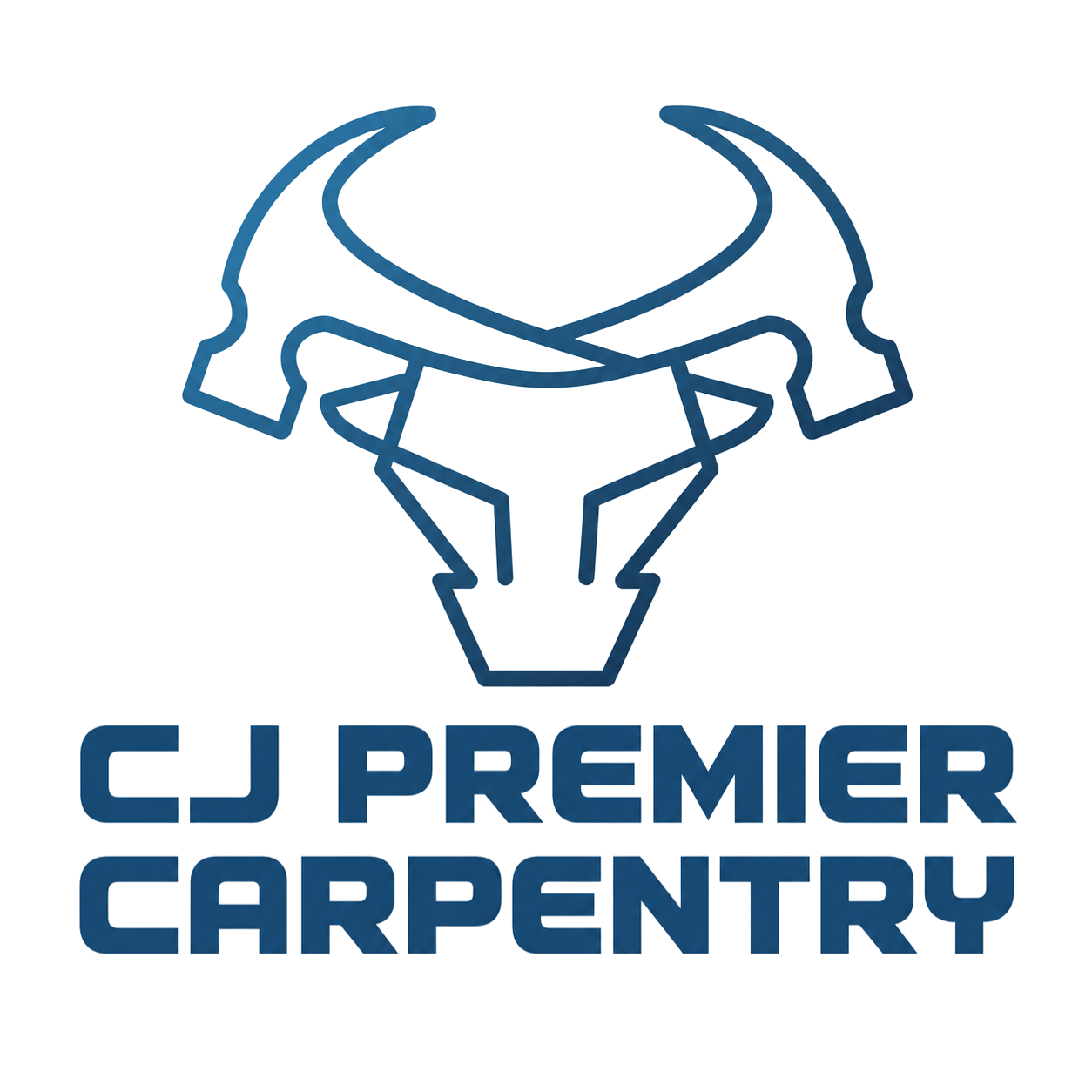 Blue CJ Premier Carpentry logo with stylized bull head icon and company name