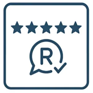 Five-star rating icon with a speech bubble and the letter R inside a check mark