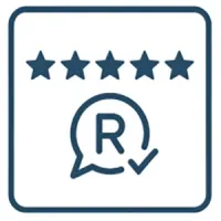 Five-star rating icon with a speech bubble and the letter R inside a check mark