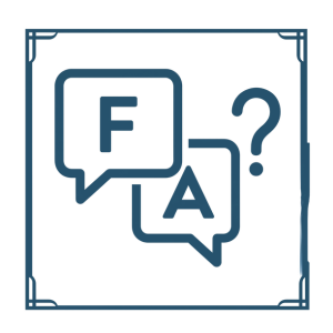 FAQ icon with speech bubbles labeled F and A and a question mark in blue outline