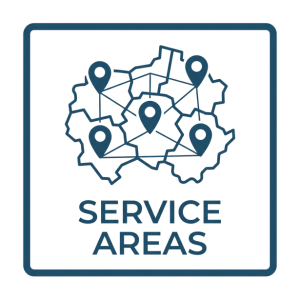 Service areas icon with a map outline and location pins, labeled “SERVICE AREAS”