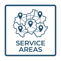 Service areas icon with a map outline and location pins, labeled “SERVICE AREAS”