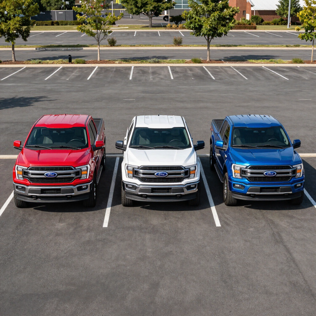 Three pickup trucks—red, white, and blue—parked side by side in an empty lot.