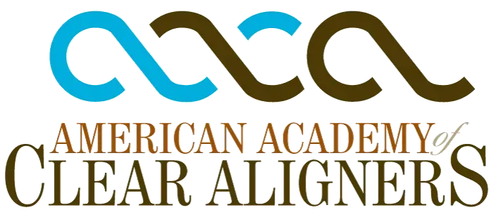 Logo for the American Academy of Clear Aligners, featuring a teal and brown infinity-style icon above the organization name.