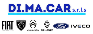 Logo DIMA.CAR con testo bianco su sfondo blu. Il testo