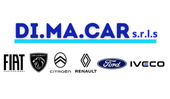 Logo DIMA.CAR con testo bianco su sfondo blu. Il testo