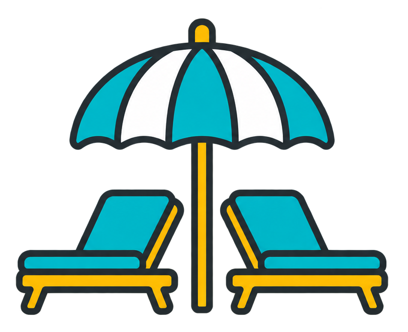 Two turquoise lounge chairs under a striped beach umbrella
