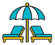 Two turquoise lounge chairs under a striped beach umbrella