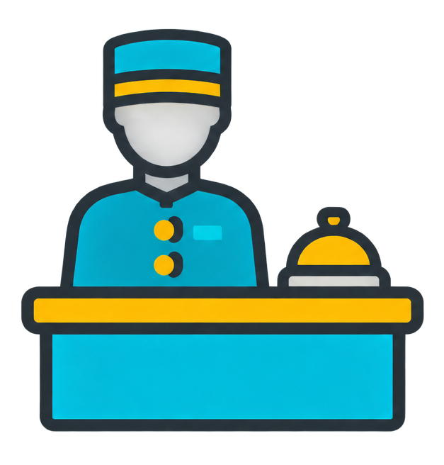 Blue hotel concierge behind a desk with a service bell