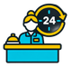 Reception desk with bell and 24-hour service icon in blue, yellow, and black