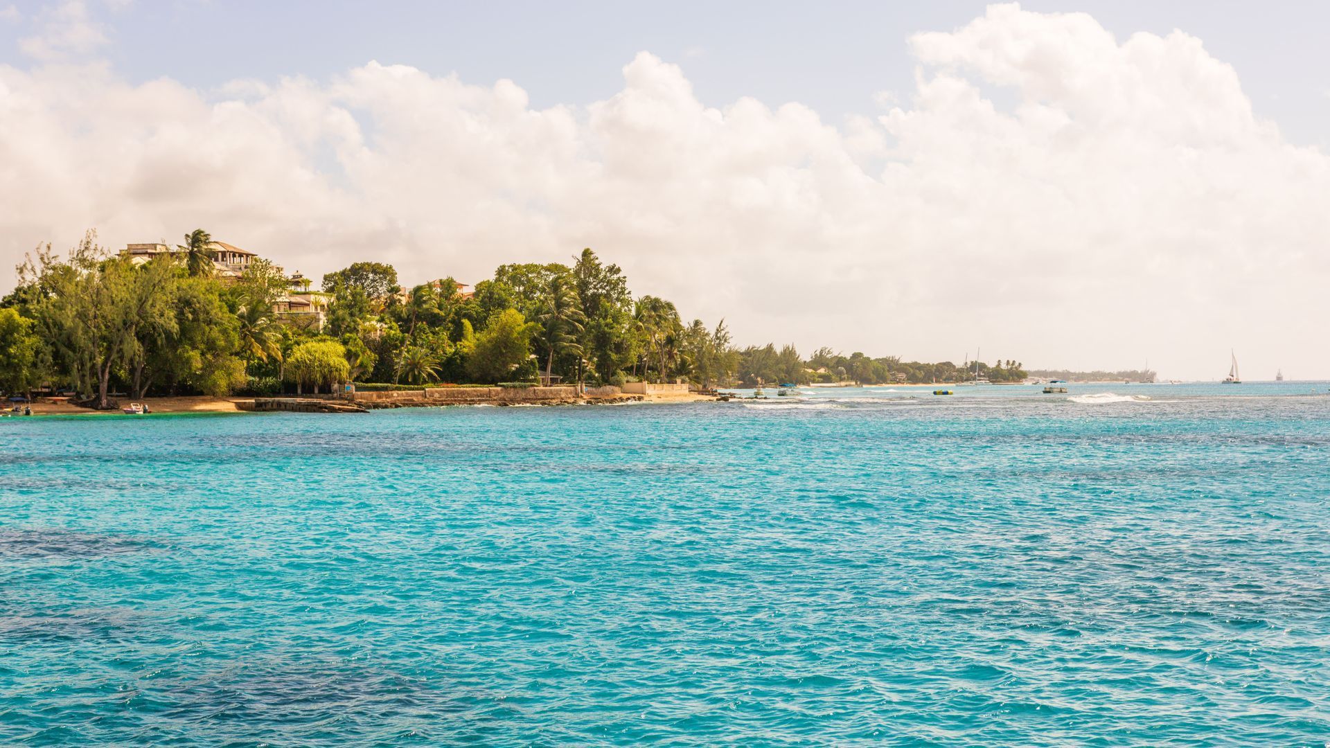Tropical shoreline with turquoise water, sandy beach, and lush green trees under a cloudy sky