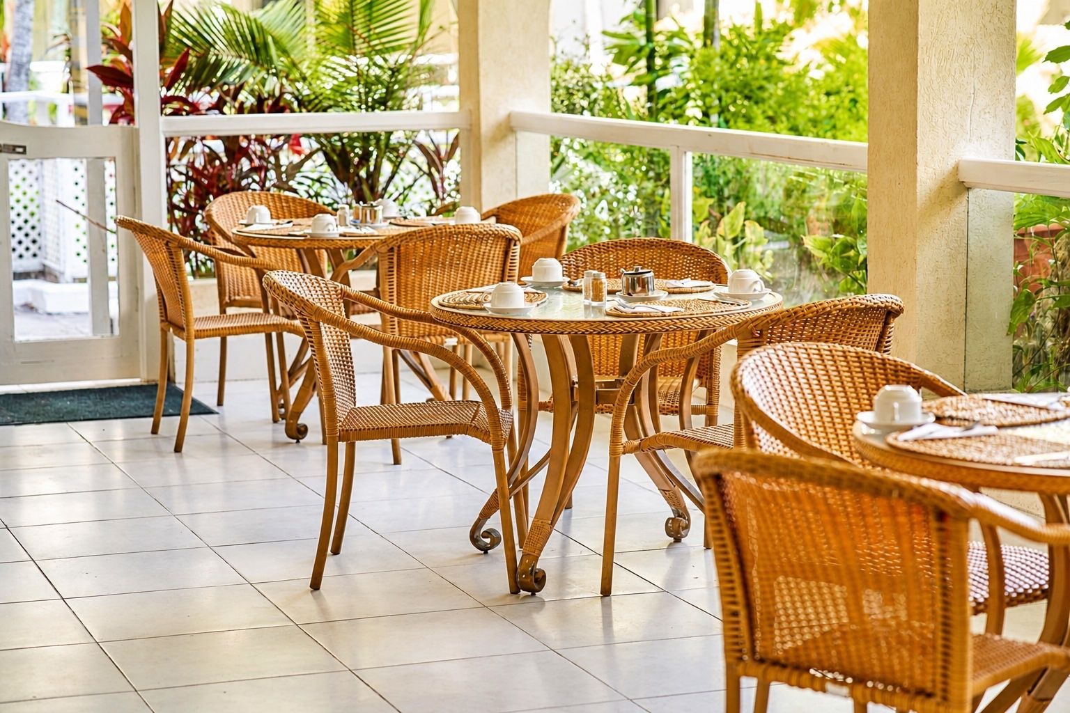 Wicker chairs and tables on a sunny outdoor café patio with tiled floor and tropical plants