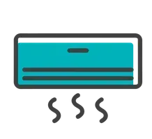 Wall-mounted turquoise air conditioner with three heat waves rising below