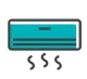 Wall-mounted turquoise air conditioner with three heat waves rising below